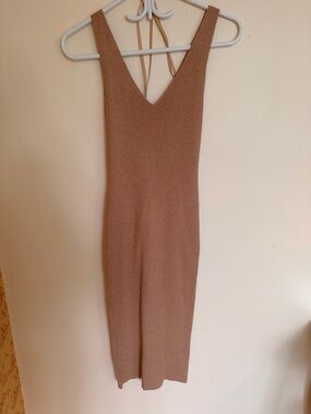 Sleeveless V-Neck Knit Midi Dress in Tan, Hudson North